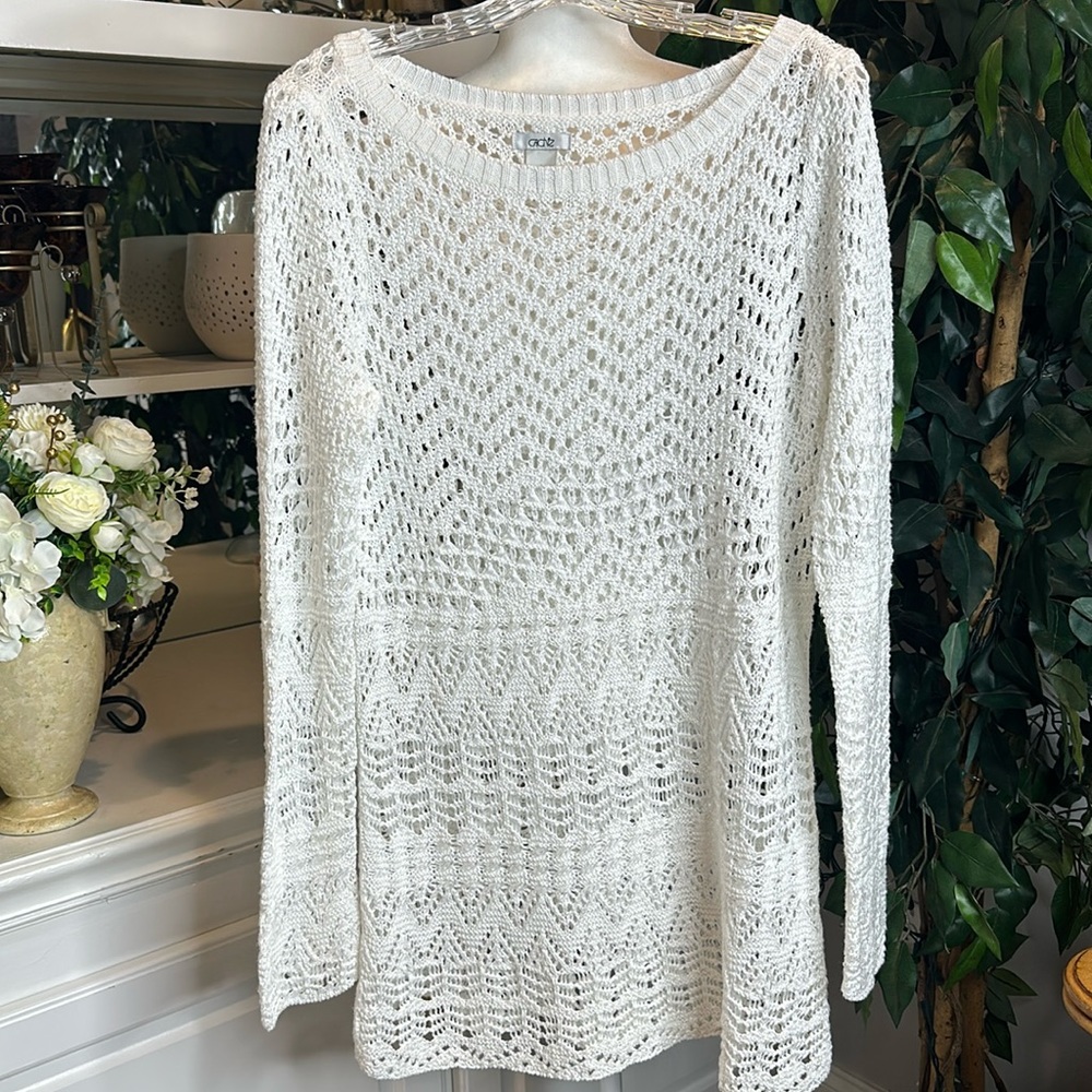 EUC Cache Sweater Dress Crochet White Open Knit Long Sleeve Shift, L
